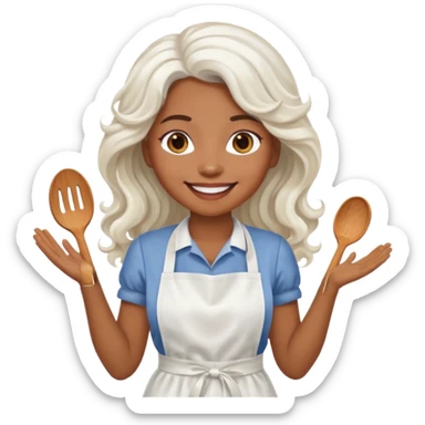 woman, brown skin, white long wavy hair, with apron sticker
