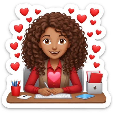 Hearts around a Beautiful woman working at a desk. Her hair is brown long and curly. She is in love sticker