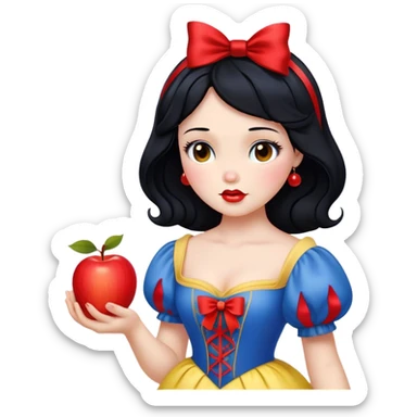 Cinematic Realistic Snow White Portrait, depicted with lifelike skin texture, soft natural lighting, and intricately detailed black hair styled with a red ribbon. Her soft brown eyes radiate innocence and kindness, complemented by a warm, gentle smile. She holds an apple in one hand, her other hand resting against her cheek, embodying her purity and charm. She is dressed in her classic yellow, blue, and red gown, the fabric rich in texture with delicate folds that catch the light beautifully. The portrait features a soft, natural glow with a radiant finish, capturing the essence of timeless beauty in a realistic and painterly style. sticker