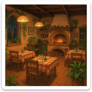 ghibli style Italian restaurant with warm lighting and plants sticker