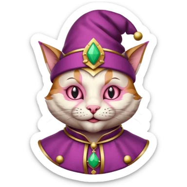 court jester cat medieval, single poker card joker clearly visible, pink, face only, round badge,  court jester cap sticker