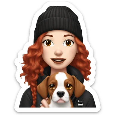 Long Red haired woman in beanie with septum piercing holding black and white English Staffordshire puppy sticker