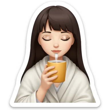Dark brown hair with straight bang girl inside a white blanket sipping coffee eyes closed sticker