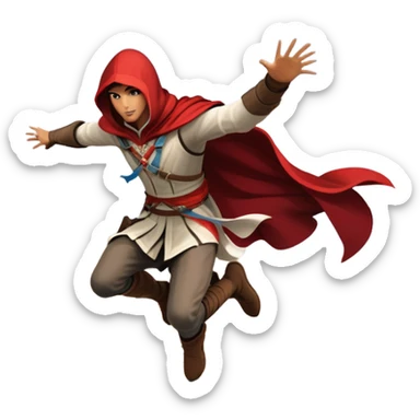 An icon featuring a hero performing a leap of faith from a tower in Florence, inspired by adventure games like Assassin's Creed. The design captures the dramatic moment mid-air, with detailed architecture and a bustling city below. Transparent background sticker