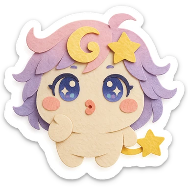 Stella Puff (星星噗噗) in super cute, soft, and adorable paper craft style, front view, blowing a kiss, big sparkling blue-violet eyes, pastel pink-purple gradient hair with a yellow star swirl, creamy white round body, coral pink blush, short arms and legs, golden star tail, clean lines sticker