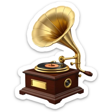 3D render of Gramophone, vintage 1980s audio equipment aesthetic, tactile analog buttons, polished brass gold horn with a dark mahogany wood base, mixed wood grain and brushed aluminum textures, Apple emoji style, isolated on white background --v 6.0 sticker