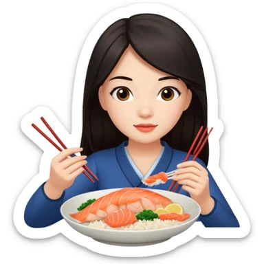 chica joven con piel clara y pelo oscuro largo comiendo un plato de arroz con salmón  sticker