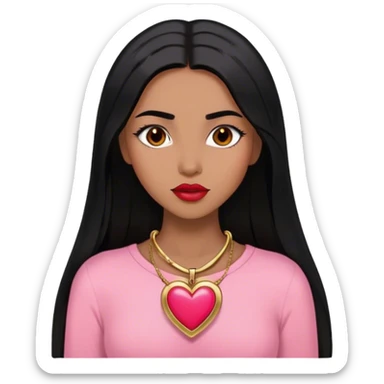 Woman,Medium brown skin,super long black straight hair, medium brown arched eyebrows, full lashes, red nude lips, gold heart locket, pink shirt sticker