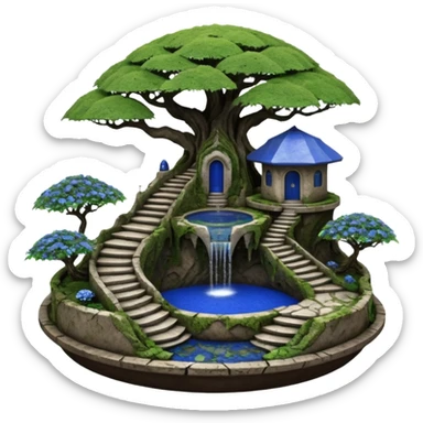 Alien saucer house jungle-vines stairway fountain mountain-island landscape antique mudman very old broken cracked intricate Stone Age lapis-crusted irregular dodecagon-shaped shallow dark moss rough bark blue serissa flowered maple tree bonsai pot sticker