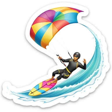 A kite surfer gliding across the water with a colorful kite soaring in the wind. The scene captures the excitement and fluid movement of the sport, with waves splashing around and a clear sky, emphasizing freedom and adventure. sticker
