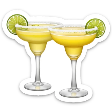 2 margarita cocktails. one is the classic margarita: yellowy with salt on the rim and a lemon. the other one is a spicy margarita: slightly more red color with a small red chili pepper instead of a lemon on the rim  sticker