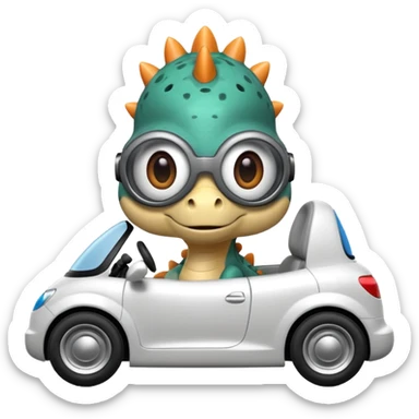 Tres dinosaurios bebés grises subidos en un carro tecnológico blanco con lentes de realidad virtual sticker