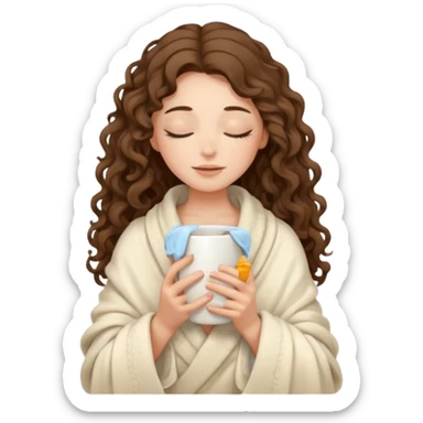 slender girl with fair skin with long curly brown hair girl closed her eyes and wrapped in a cream soft blanket holding a white mug in her hands sticker