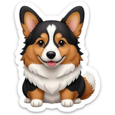 black tricolor corgi with no tail and a snowflake on it's nose sticker