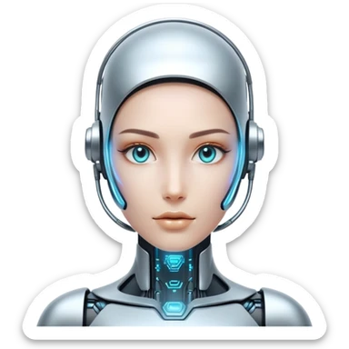 Futuristic human with metallic cybernetic enhancements, digital interface on face, holographic display sticker