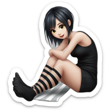 Full body Front view curvy emo girl sits on the floor straight view hands up black skirt striped stockings sticker