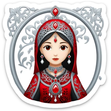 Traditional clothing: Silhouette of a cherkeska (long coat) with iconic gazyrs (decorative cartridge holders on the chest).

Patterns: Incorporate abstract motifs inspired by Adyghe silver embroidery (geometric shapes, swirls).

Symbols:

A silver pendant (e.g., crescent moon or star-shaped).

Stylized shashka (Caucasian dagger) or lyre (representing music).

Colors: Red (symbolizing honor), silver (traditional jewelry), black (elegance).

Style: Flat minimalism, bold outlines, no text.
The emoji should convey pride, hospitality, and connection to heritage. Avoid stereotypes, focus on aesthetic authenticity and respect for traditions."

💡 Example interpretation: A figure in a cherkeska with gazyrs, framed by ornate patterns and a silver pendant, using a red-black-silver palette. sticker