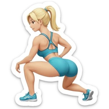 fullbody busty blonde fitness trainer, back view, bending over, squatting on her soles, SFW, athletic build, cheerful expression sticker
