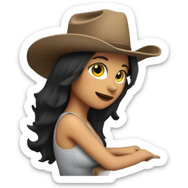 woman with dark hair infront of computer with a cowboy hat on head and sparkles behind sticker