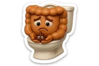 emoji stile iphone di un intestino realistico 3d che esce dal wc con in mano una montagnetta di feci con espressione triste a palline, iperrealistico 4k sticker