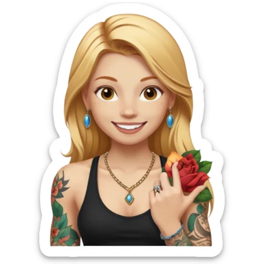 girl with long blonde hair and tattoos next to an athletic ginger girl jewelery sticker