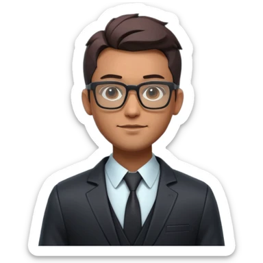 A stylized 3D avatar of a visionary tech CEO, male, wearing glasses and a sleek dark blazer. He has a confident, friendly expression. The lighting is a dramatic gradient of purple and electric blue neon. Rim lighting on the edges of the character. Dark background, cyberpunk minimalist aesthetic. sticker