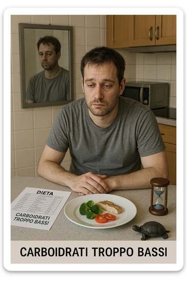 Uomo sui 35 anni in cucina, con espressione affaticata e spenta, guarda un piatto con pochissimi carboidrati (solo qualche verdura e proteine). Accanto a lui, fogli con una dieta rigida e una scritta visibile: 'Carboidrati troppo bassi'. Il suo corpo appare bloccato, senza definizione, con uno specchio alle spalle che riflette una figura stanca e senza progressi. Sul tavolo ci sono simboli che richiamano il metabolismo rallentato: una tartaruga, una clessidra ferma. sticker