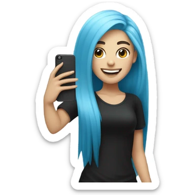 white skin girl with long blue hair in black clothes taking a selfie sticker