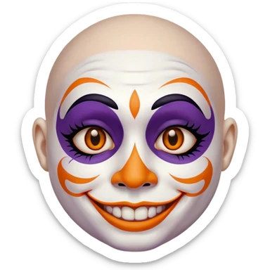 Juggalo smiley face that is Perfectly round and hairless with white skin with realistic human brown colored eyes and elaborate but symmetrical lined face paint that is orange outlined in dark purple sticker