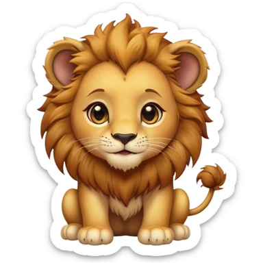 Cinematic Cute Lion Cub Portrait Emoji, Head tilted playfully and inquisitively, featuring a glossy tawny Fur with a lush mane and round, sparkling amber eyes filled with curious mischief, Simplified yet irresistibly adorable features, highly detailed, glowing with a warm, friendly glow, high shine, affectionate and spirited, stylized with a touch of jungle whimsy, bright and endearing, soft glowing outline, capturing the essence of a mischievous yet loving Lion Cub, so playful it feels like it could pounce out of the screen and into your arms! sticker