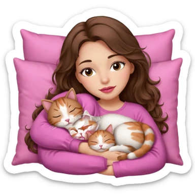 girl with long wavy brown hair, brown eyes, long lashes makeup, sexy pink lips, light to medium complexion, sleeping on a cozy pillow with 6 cats sticker