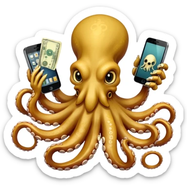 Intimidating octopus made of bones. Evil looking eyes, wearing a gold necklace. 3 tentacles are holding their own cellphone with one held to the side of its face as if its on a phone call, 2 other tentacles are holding stacks of money sticker