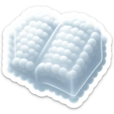top view of a thick open book made entirely of small, very bright white fluffy convex clouds, matte glass style sticker