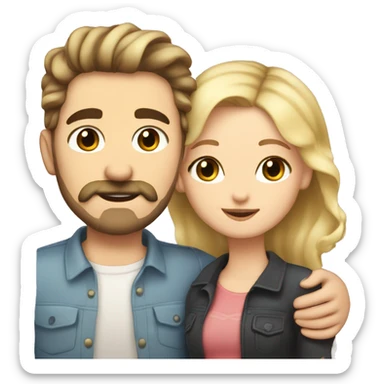 White girl with dark lash line and blonde highlights in her hair, hugging a white guy with short dark brown curly hair and a mustache and face beard trimmed  sticker