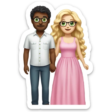 Curvy woman with long blonde hair and green eyes wearing a pink dress and holding hands with a brown man with short curly black hair and glasses sticker