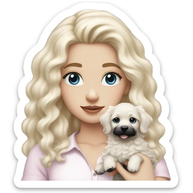 pale blonde girl with long platinum white wavy hair with blue eyes and wearing a light pink shirt holding a black and white curly haired puppy sticker