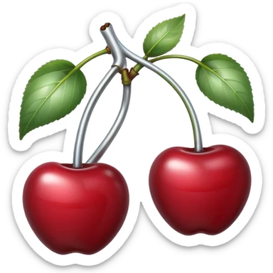 A pair of cherries emoji made of polished silver chrome, smooth rounded shapes, glossy metallic finish, soft highlights and reflections, cute proportions, iOS emoji style, centered, clean white background, no text sticker