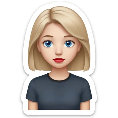 Emoji teenage girl, ash darker almost brown blonde hair, blue eyes, black shirt, hair a little longer than over shoulders, red pinkish lips, blue grey eyes sticker