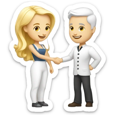 adult restaurant owner with white skin and blogger with white skin and blonde hair shaking hands in full height sticker