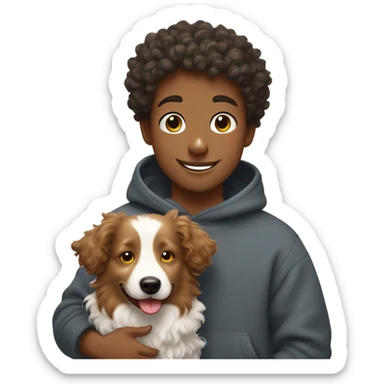 A happy curly-haired boy in a sweatshirt holds a border collie sticker
