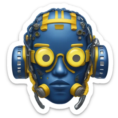 Dark Blue curly hair cyborg head with yellow respirator mask and circuitry sticker