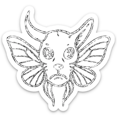 a terrifying minimal red line art of just a head (no body) combining minotaur skull with broken horn, stoat features, frog mouth, with moth wings sprouting directly from the skull, transparent hollow center, distressed appearance with deliberately missing sections, worn texture, sparse red lines only sticker