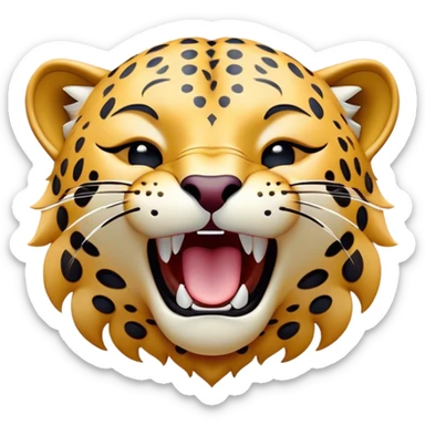 Cinematic Cute Yawning Jaguar Portrait Emoji, Head tilted slightly with a dramatic, wide-open yawn, showcasing a lithe, graceful build with distinctive rosette patterns and sleepy, half-closed eyes, Simplified yet irresistibly adorable features, highly detailed, glowing with a soft, cozy wild glow, high shine, relaxed yet expressive, stylized with a dash of whimsical feline charm, soft glowing outline, capturing the essence of a drowsy yet affectionate guardian that appears ready to stretch out for a nap! sticker