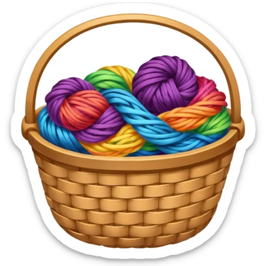 A basket with tangled rainbow yarn spilling slightly over the side. sticker