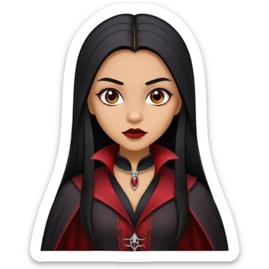 A girl with long black straight hair and warm tan medium brown skin color emoji traditional vampire version sticker