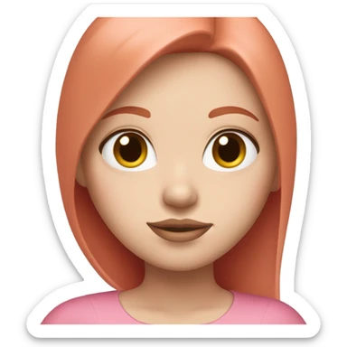 girl with straight short red hair, white skin, big pinky lips, big eyes, calm face, in pink clothes works on macbook sticker