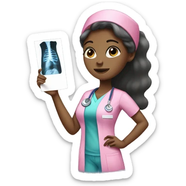 Black girl in pink scrubs looking at an arm X-ray  sticker