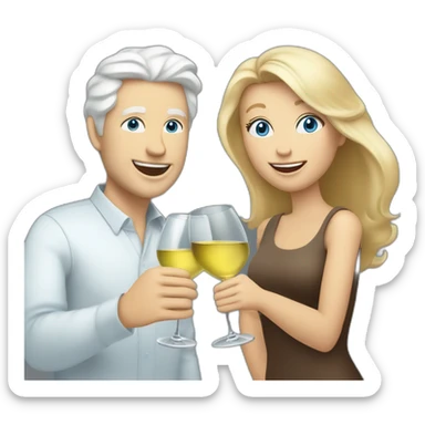 white man with blue eyes and grey hair toasting with a white wine together with white woman with brown eyes and blond hair and a white wine sticker