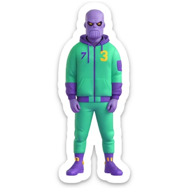 purple-skinned Thanos wearing a green Squid Game player tracksuit with number 230 sticker