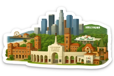 Adjust the Los Angeles emoji to prominently include more of the Los Angeles Memorial Coliseum, making it a more complete and detailed feature in the cityscape. Keep all buildings realistic with lifelike architectural detail and accurate proportions. Maintain the current layout exactly: Coliseum arches, Royce Hall at UCLA, Bovard Administration Building at USC, Rose Bowl Stadium with its neon sign positioned more inland, Santa Monica Pier and beach at the coast, downtown LA skyline, Chinese Theater, and Hollywood Sign. Use accurate colors and bright daytime lighting. The background should be fully transparent with no sky, no clouds, and no city name label. Do not change the layout or composition except to show more of the Coliseum. sticker